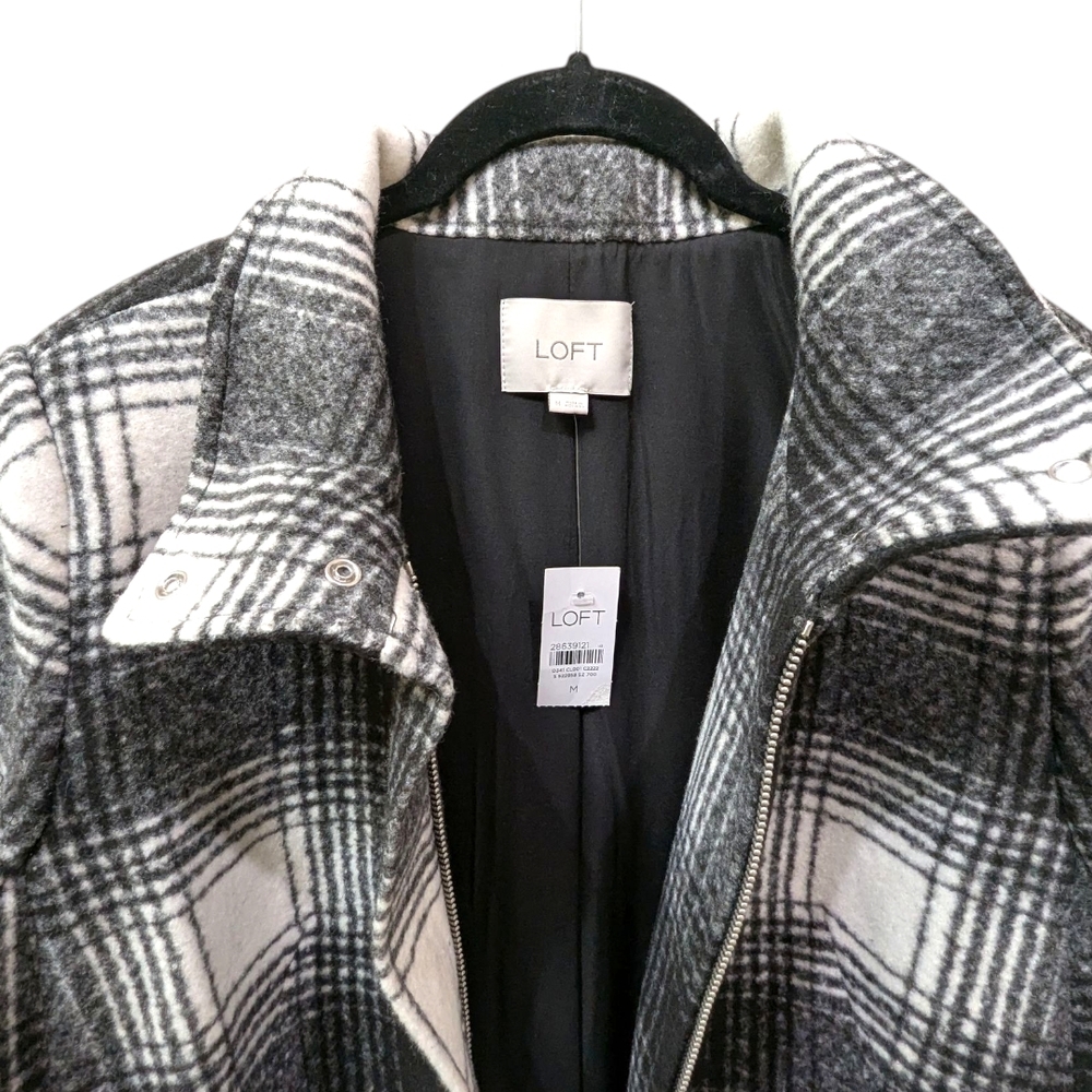 {FLAW} Lane Bryant Black and White Plaid Funnel Neck Pea Car Wool Blend Coat (M) - Picture 3 of 11